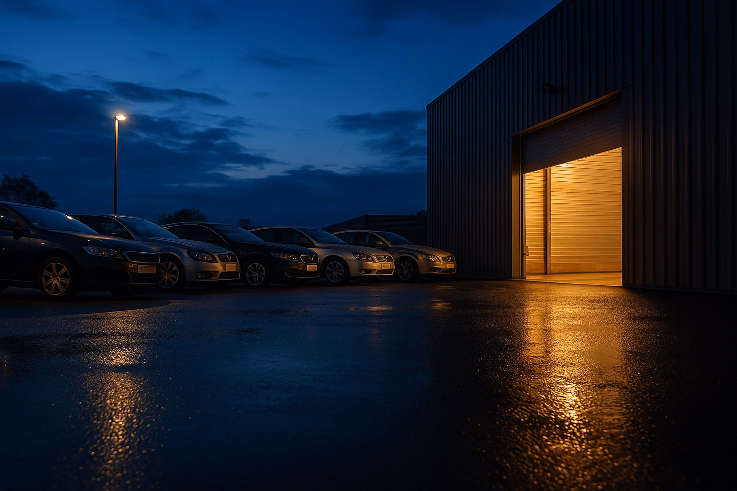 Véhicules d’occasion alignés sur le parc d’un garage à la tombée du jour, porte d’atelier allumée