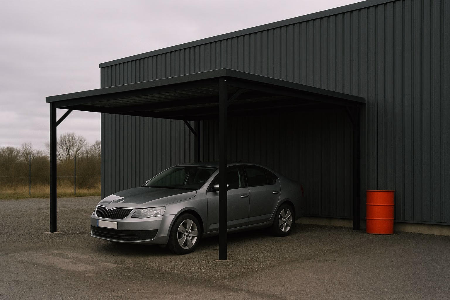 Véhicule confié en dépôt-vente, garé sous le carport devant le hangar