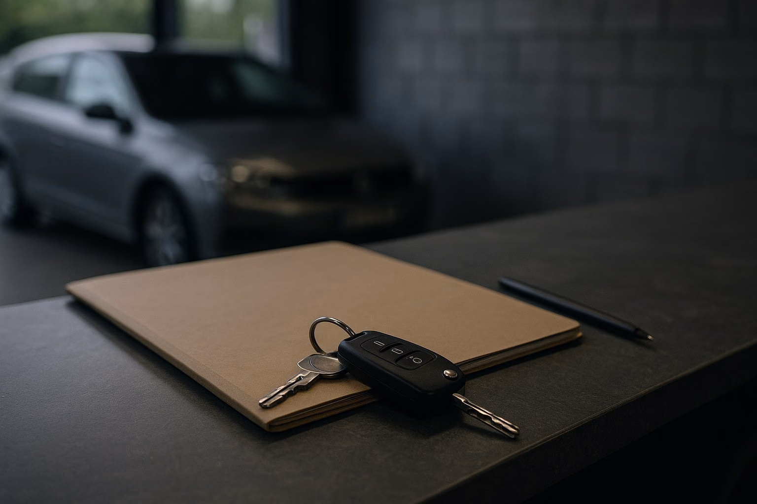 Clés de véhicule et dossier posés sur le comptoir du garage
